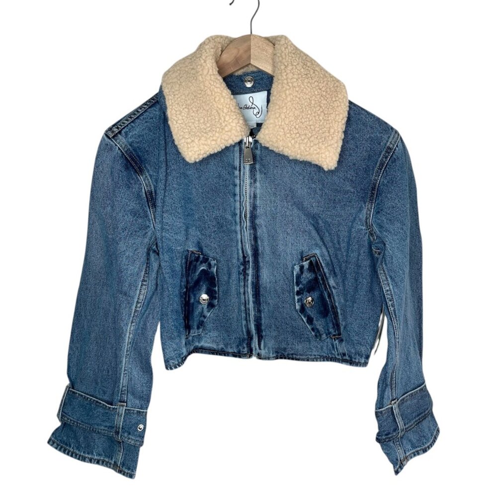 Sam Edelman Mesa High-Pile Fleece Collar Zip-Up Crop Denim Moto Jacket XS
